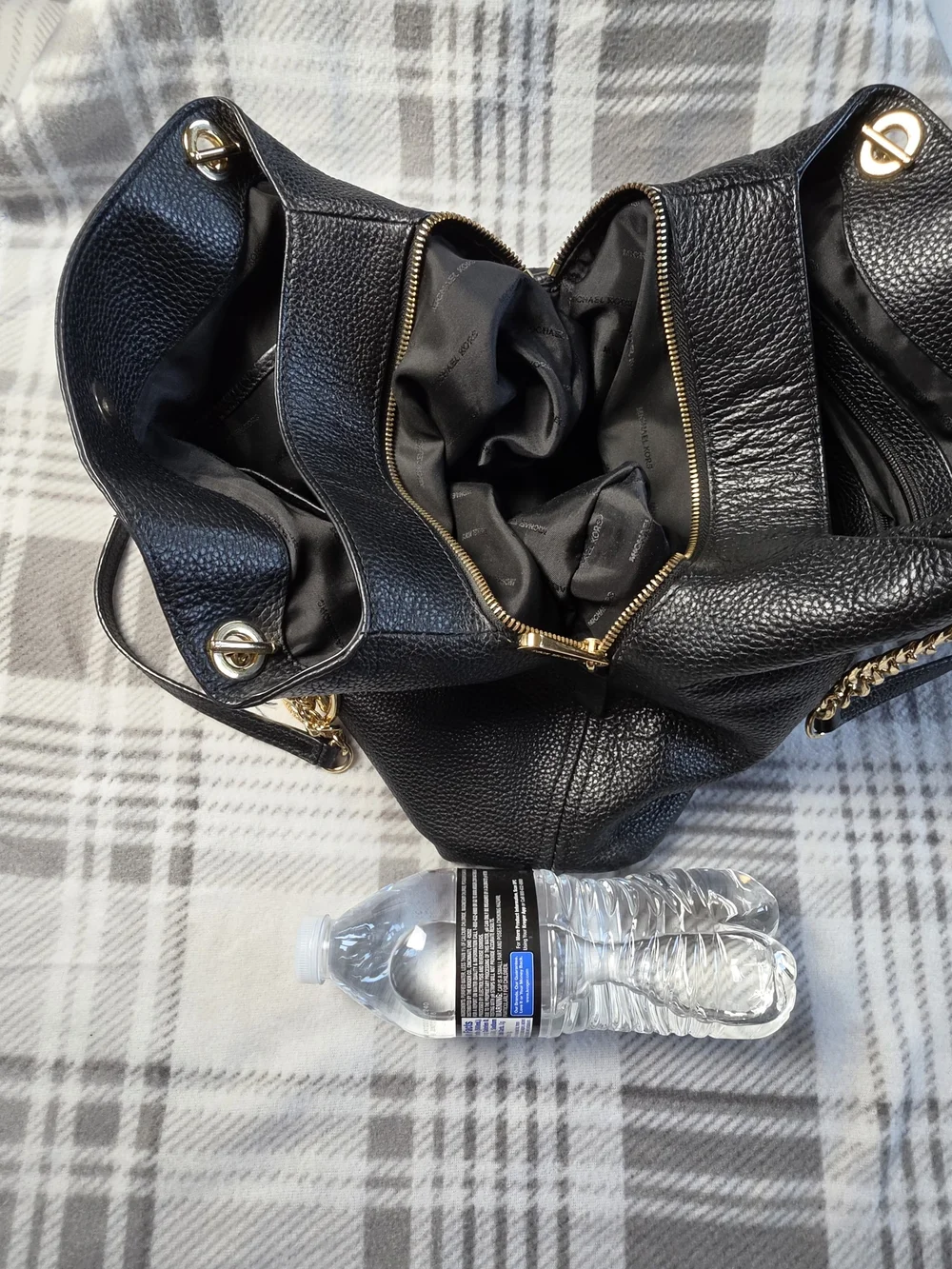 Michael Kors Black Pebbled Leather Shoulder Bag with Gold Accents